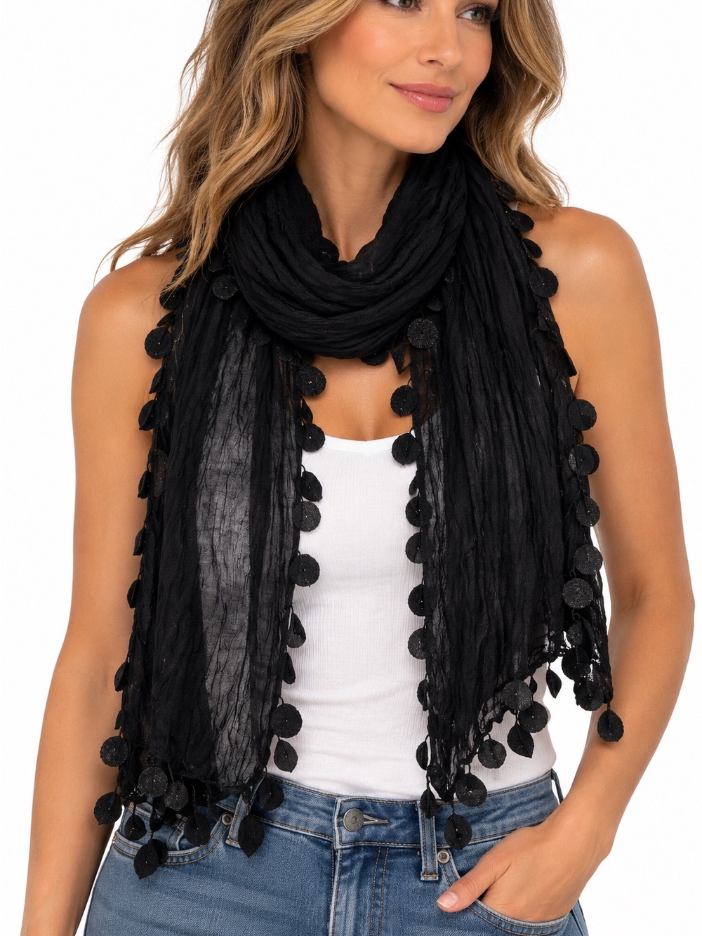 Black gauze scarf with detailed edges